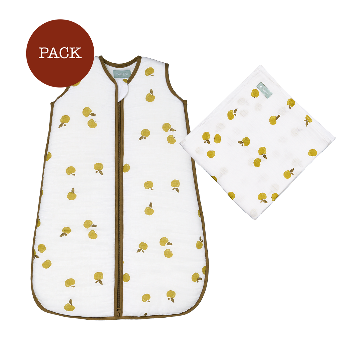 Apples Baby Muslin Pack (2 products): bamboo muslin blanket + muslin sleeping bag TOG 2.5