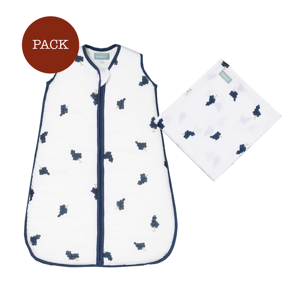 Grapes Baby Muslin Pack (2 products): bamboo muslin blanket + muslin sleeping bag TOG 2.5
