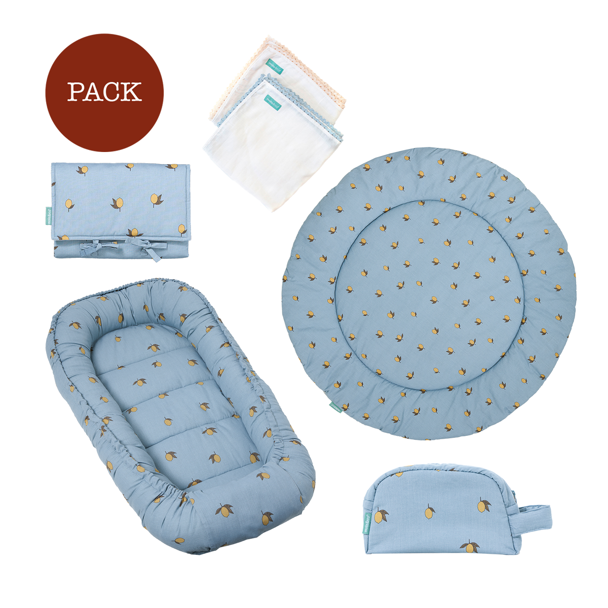 Pack Colima (5 products): changing mat + newborn nest + travel bag + muslin cotton blanket + Crawling mat
