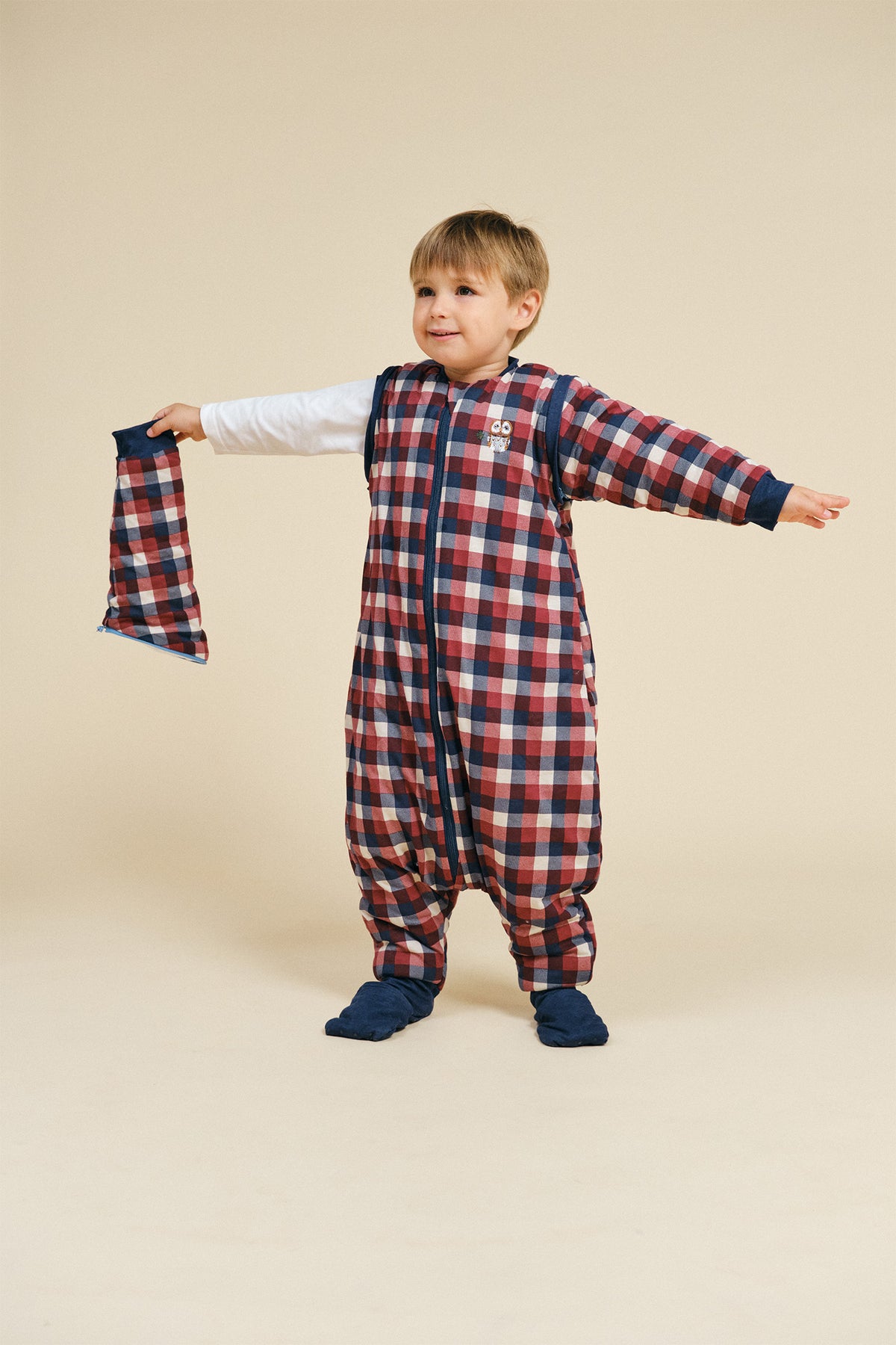 Sleeping jumpsuit with sleeves and socks - Vichy red and blue - TOG 2.5