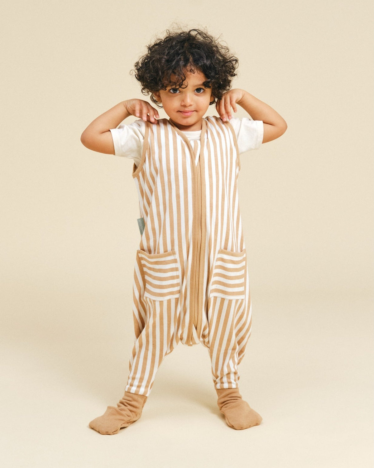 Sleeping jumpsuit with removable non-slip socks - Sand Stripes - TOG 0.5