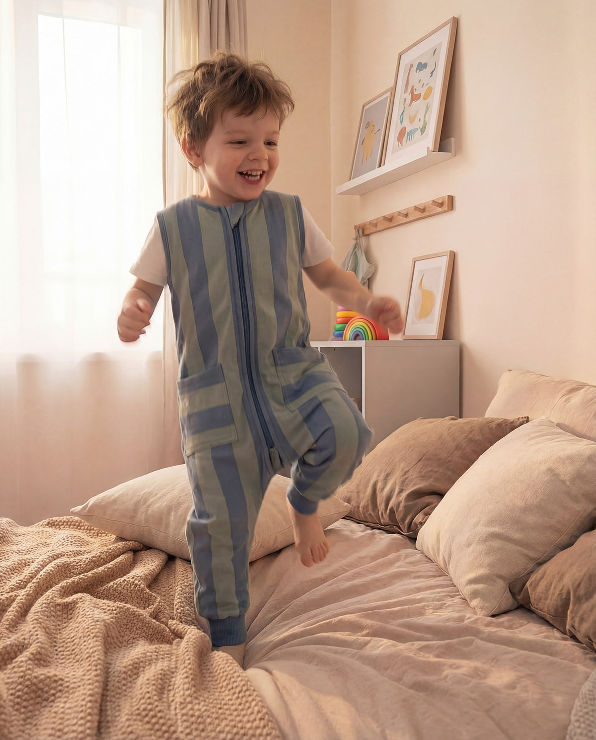 Sleeping jumpsuit - Green & Blue Stripes - TOG 0.5