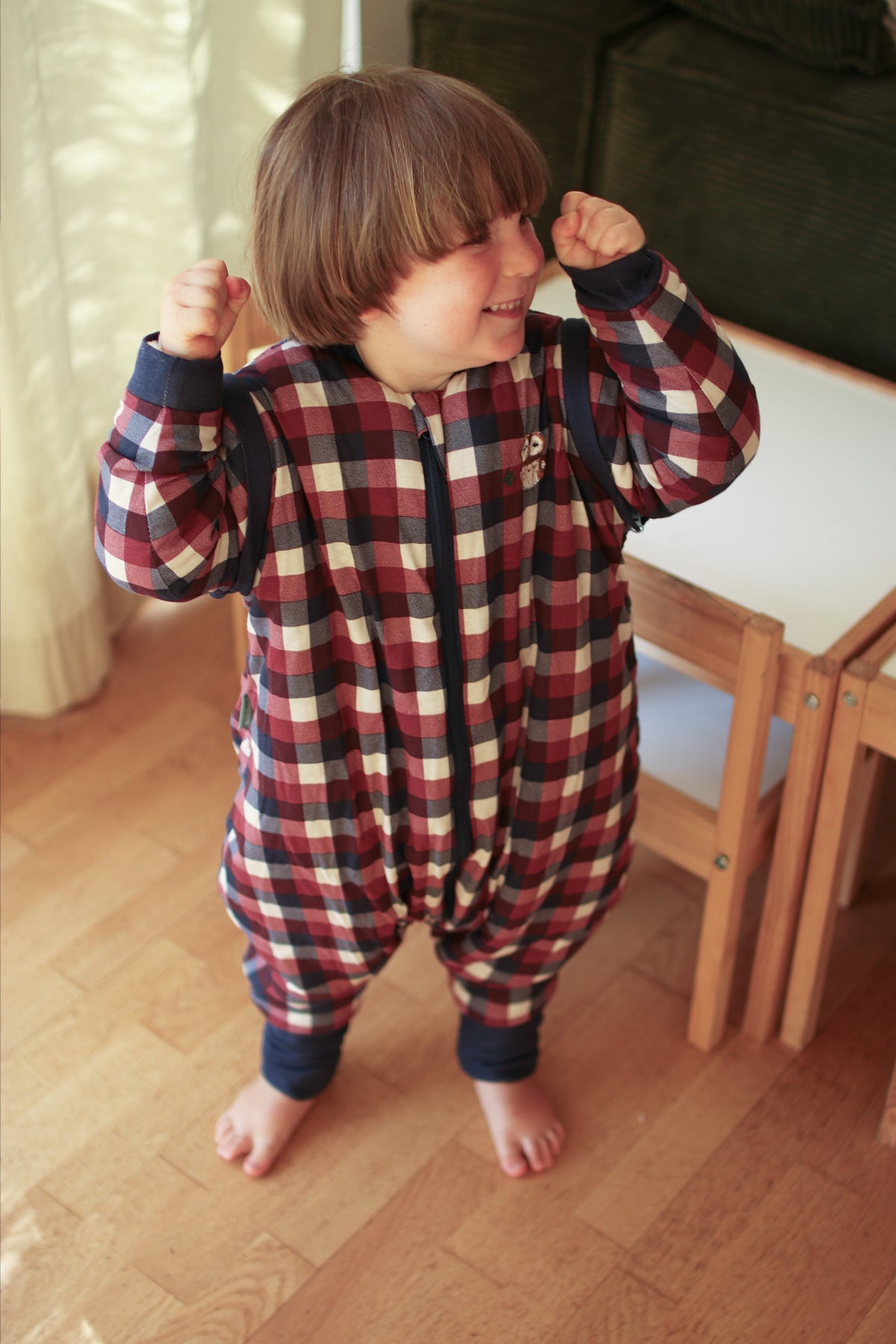 Sleeping jumpsuit with sleeves and socks - Vichy red and blue - TOG 2.5