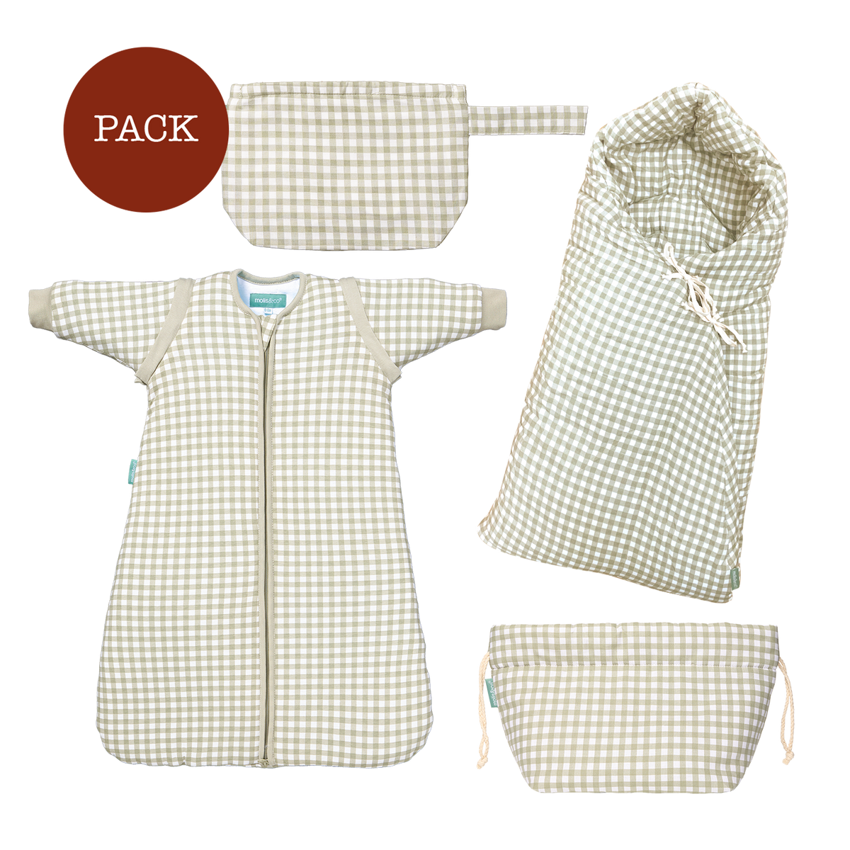 Mint Tea Stroll Pack (4 products): winter footmuff + toiletry bag + baby organizer + TOG 2.5 sleeping bag