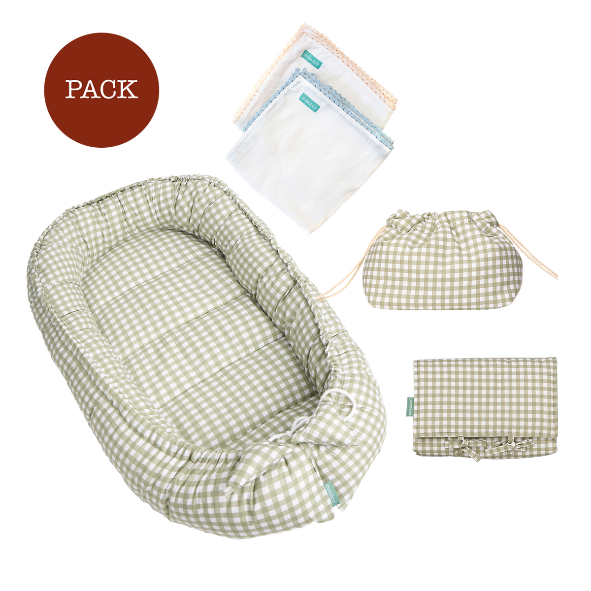 Pack Mint Tea (4 products): Changing mat + newborn nest + organizer + muslin cotton blanket