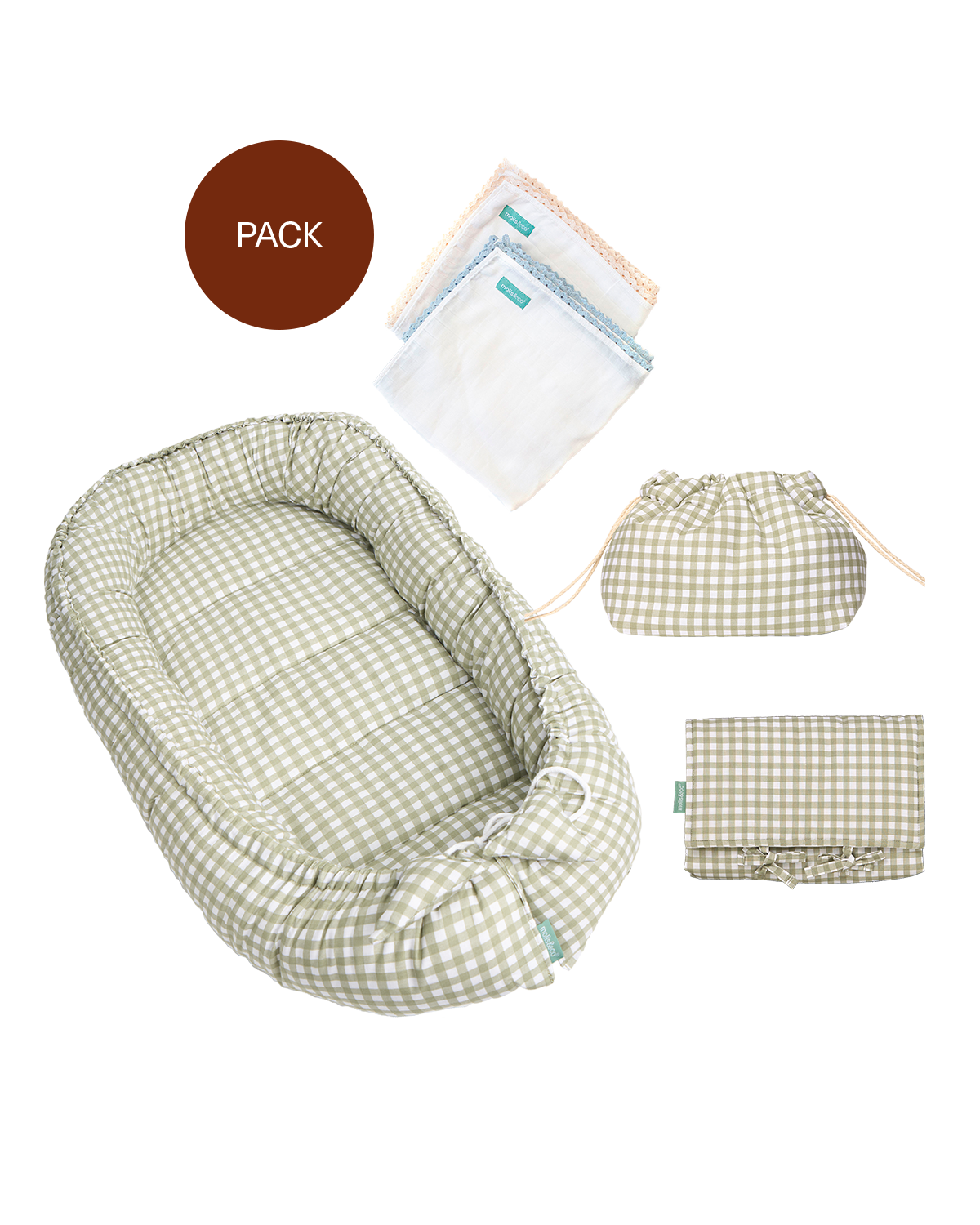 Pack Mint Tea (4 products): Changing mat + newborn nest + organizer + muslin cotton blanket