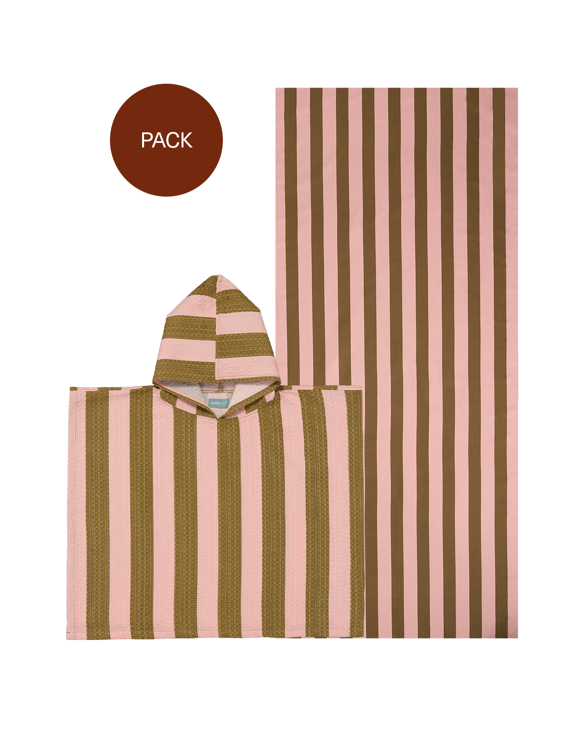 Set Poncho de Bain & Serviette Khaki & Rose Stripes