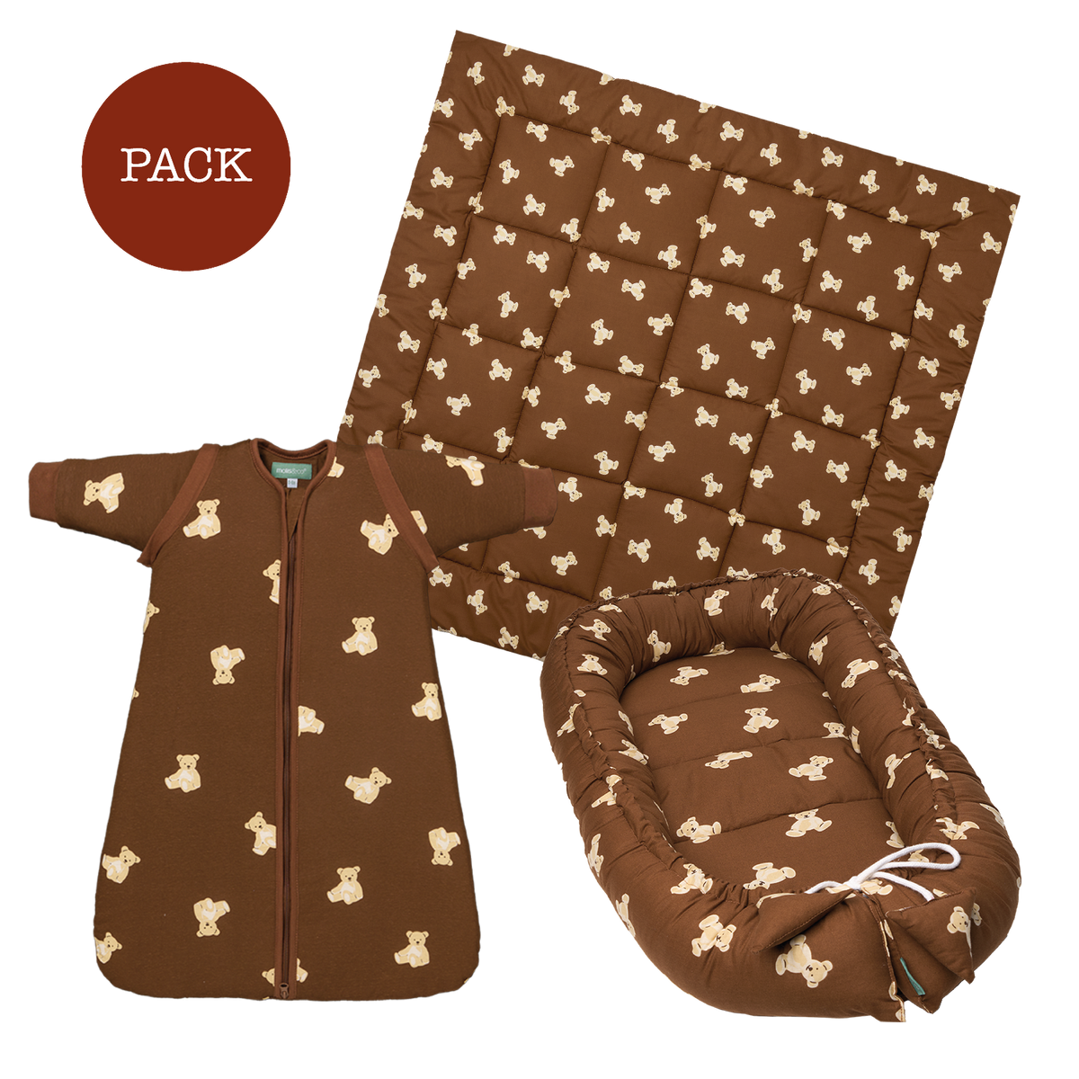 Pack Teddy Mocca (3 Produkte): Spielmatte + Babynest + Schlafsack TOG 1