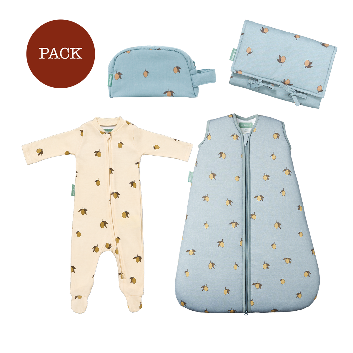 Pack Colima (4 Produkte): Pyjama + Kulturbeutel + Wickelunterlage + Winterschlafsack (2,5 TOG)