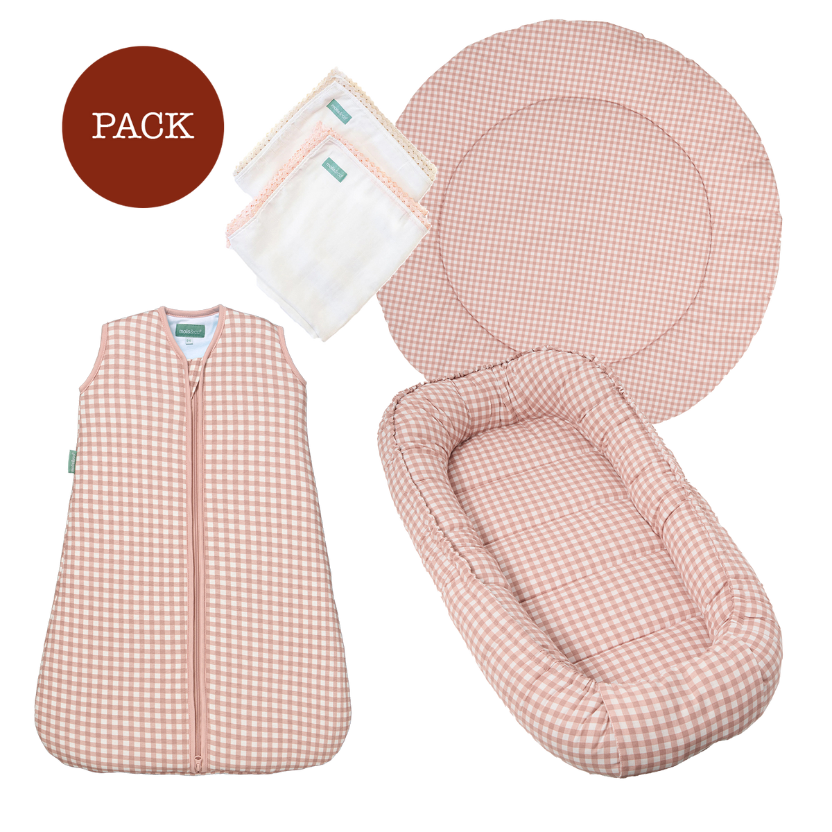 Dusty Rose Pack (4 produkte): Babyschlafsack TOG 2.5 + Neugeborenen-Nest + Musselindecke +Spielmatte