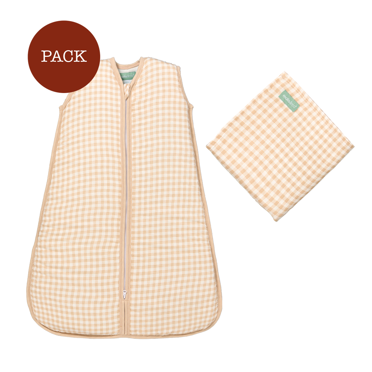 Pack Mussola Baby Vichy Sand (2 prodotti): coperta in mussola di bambù + sacco nanna in mussola TOG 1